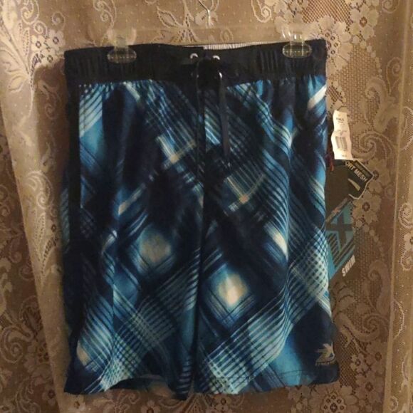 New Zeroxposur‎ Men's M Blue Plaid Drawstring Waist Swim Trunks - Picture 1 of 6